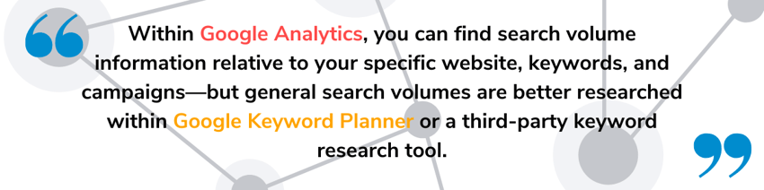 Within Google Analytics, you can find search volume information relative to your specific website, keywords, and campaigns.