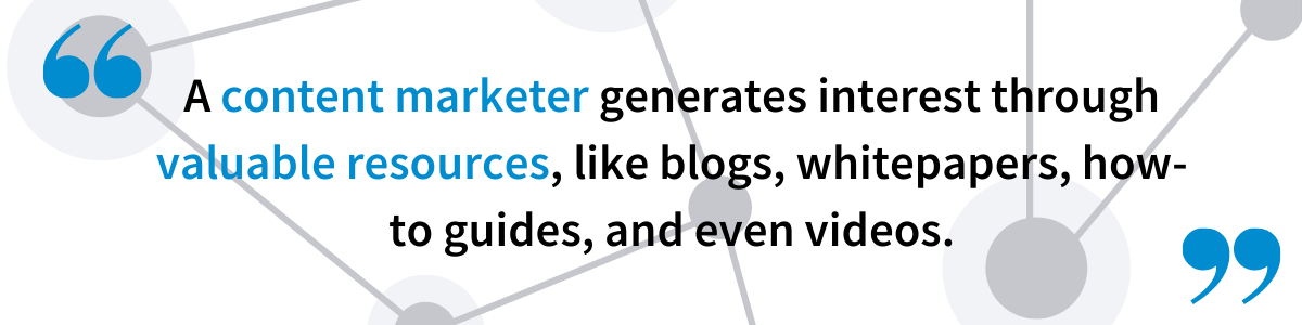 A content marketer generates interest through valuable resources